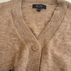 Tan Cardigan Sweater with V-Neck and Ribbed Knit Trim